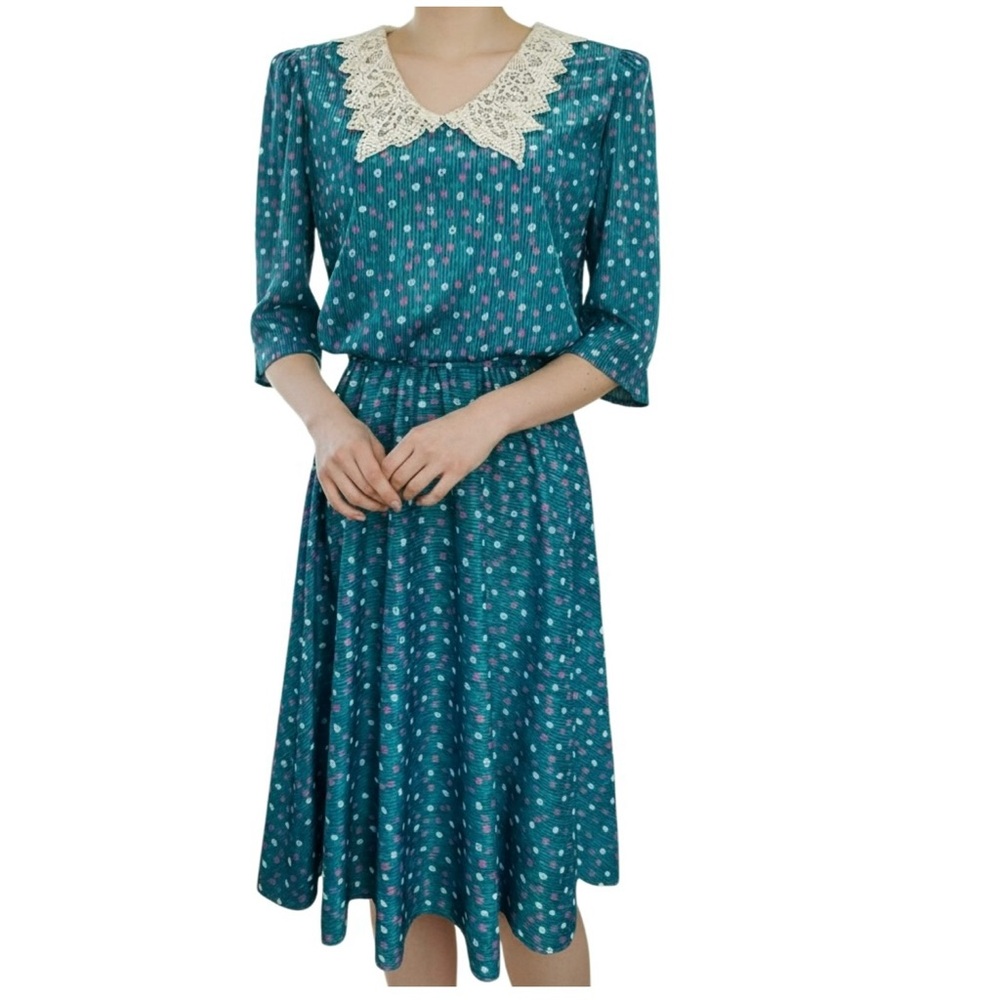 M.C.S Ltd Dress 10P Blouson Stripes Dots Green Vintage Half Sleeve